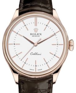 Rolex Cellini Time Rose Gold White Index Dial Domed & Fluted Double Bezel Tobacco Leather Bracelet 50505 - BRAND NEW