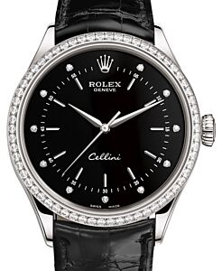 Rolex Cellini Time White Gold Black Diamond Dial Diamond Bezel Black Leather Bracelet 50709RBR - BRAND NEW
