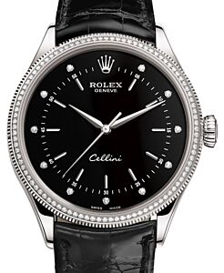 Rolex Cellini Time White Gold Black Diamond Dial Diamond & Fluted Double Bezel Black Leather Bracelet 50609RBR - BRAND NEW
