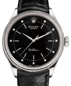 Rolex Cellini Time White Gold Black Diamond Dial Domed & Fluted Double Bezel Black Leather Bracelet 50509 - BRAND NEW