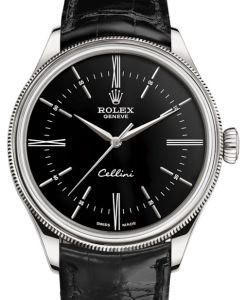 Rolex Cellini Time White Gold Black Index / Roman Dial Domed & Fluted Double Bezel Black Leather Bracelet 50509 - BRAND NEW
