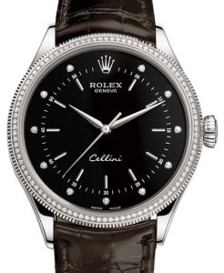 Rolex Cellini Time White Gold Black Set with Diamonds Dial Diamond & Fluted Double Bezel Tobacco Leather Bracelet 50609RBR - BRAND NEW