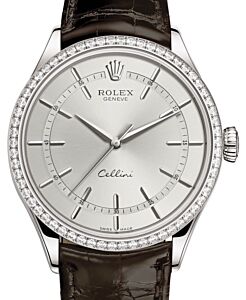 Rolex Cellini Time White Gold Rhodium Index Dial Diamond Bezel Tobacco Leather Bracelet 50709RBR - BRAND NEW