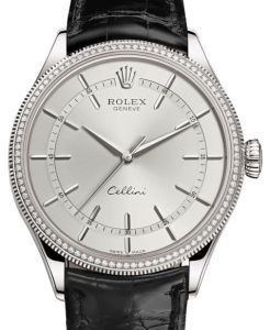 Rolex Cellini Time White Gold Rhodium Index Dial Diamond & Fluted Double Bezel Black Leather Bracelet 50609RBR - BRAND NEW