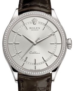 Rolex Cellini Time White Gold Rhodium Index Dial Diamond & Fluted Double Bezel Tobacco Leather Bracelet 50609RBR - BRAND NEW