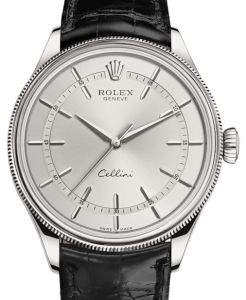 Rolex Cellini Time White Gold Rhodium Index Dial Domed & Fluted Double Bezel Black Leather Bracelet 50509 - BRAND NEW