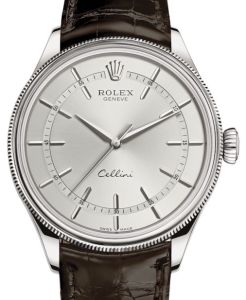 Rolex Cellini Time White Gold Rhodium Index Dial Domed & Fluted Double Bezel Tobacco Leather Bracelet 50509 - BRAND NEW