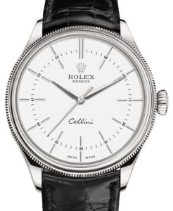 Rolex Cellini Time White Gold White Index Dial Domed & Fluted Double Bezel Black Leather Bracelet 50509 - BRAND NEW
