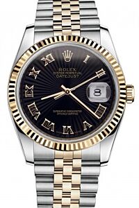 Rolex Datejust 116233 Men's 36mm Sunbeam Black Roman Yellow Gold Stainless Steel Jubilee