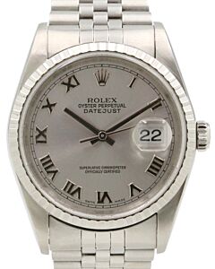 Rolex Datejust 16220 Men's 36mm Rhodium Roman Stainless Steel Jubilee - PRE-OWNED