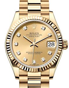 Rolex Datejust 31 Lady Midsize Yellow Gold Champagne Diamond Dial & Fluted Bezel President Bracelet 278278 - PRE-OWNED