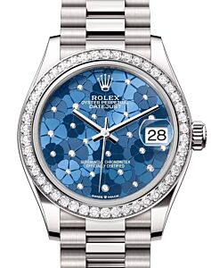 Rolex Datejust 31 White Gold Azzurro Blue Floral Motif Diamond Dial & Diamond Bezel President Bracelet 278289RBR - BRAND NEW