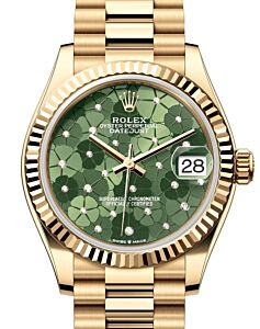 Rolex Datejust 31 Yellow Gold Olive Green Floral Motif Diamond Dial & Fluted Bezel President Bracelet 278278 - BRAND NEW