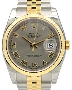Rolex Datejust 36 116233-SLVRFJ Silver Roman Fluted Yellow Gold Stainless Steel Jubilee