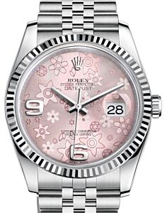 Rolex Datejust 36 White Gold/Steel Pink Floral Motif Arabic Dial & Fluted Bezel Jubilee Bracelet 116234 - BRAND NEW