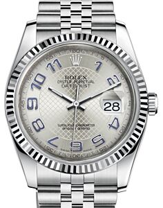 Rolex Datejust 36 White Gold/Steel Silver Deco Diagonal Motif Arabic Dial & Fluted Bezel Jubilee Bracelet 116234