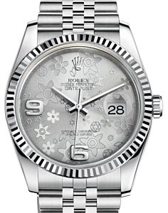 Rolex Datejust 36 White Gold/Steel Silver Floral Motif Arabic Dial & Fluted Bezel Jubilee Bracelet 116234 