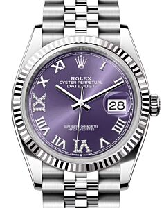 Rolex Datejust 36 White Gold/Steel Aubergine Roman & Diamond Dial & Fluted Bezel Jubilee Bracelet 126234 - BRAND NEW