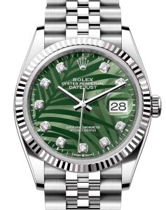 Rolex Datejust 36 White Gold/Steel Olive Green Palm Motif Diamond Dial & Fluted Bezel Jubilee Bracelet 126234 - BRAND NEW