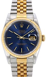 Rolex Datejust 36 Yellow Gold/Steel Blue Index Dial Fluted Bezel Jubilee Bracelet 16233