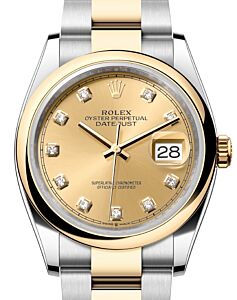 Rolex Datejust 36 Yellow Gold/Steel Champagne Diamond Dial & Smooth Domed Bezel Oyster Bracelet 126203 - BRAND NEW