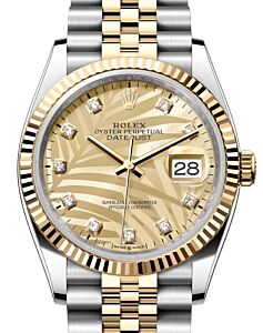 Rolex Datejust 36 Yellow Gold/Steel Golden Palm Motif Diamond Dial & Fluted Bezel Jubilee Bracelet 126233 - BRAND NEW