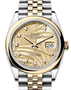 Rolex Datejust 36 Yellow Gold/Steel Golden Palm Motif Diamond Dial & Smooth Domed Bezel Jubilee Bracelet 126203 - BRAND NEW