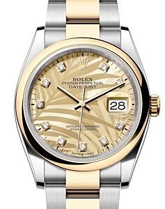 Rolex Datejust 36 Yellow Gold/Steel Golden Palm Motif Diamond Dial & Smooth Domed Bezel Oyster Bracelet 126203 - BRAND NEW