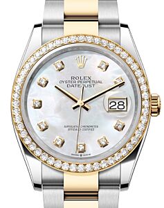 Rolex Datejust 36 Yellow Gold/Steel White Mother of Pearl Diamond Dial & Diamond Bezel Oyster Bracelet 126283RBR - BRAND NEW