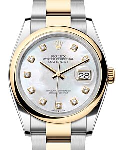 Rolex Datejust 36 Yellow Gold/Steel White Mother of Pearl Diamond Dial & Smooth Domed Bezel Oyster Bracelet 126203 - BRAND NEW
