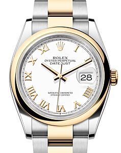 Rolex Datejust 36 Yellow Gold/Steel White Roman Dial & Smooth Domed Bezel Oyster Bracelet 126203 - BRAND NEW