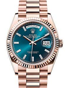 Rolex Day-Date 36 President Rose Gold Blue-Green Baguette Diamond Dial Fluted Bezel 128235