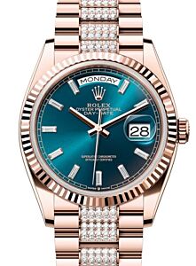 Rolex Day-Date 36 President Rose Gold Blue-Green Fluted Bezel Diamond Set Bracelet 128235