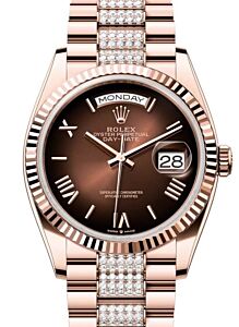 Rolex Day-Date 36 President Rose Gold Brown Ombre Roman Dial Fluted Bezel Diamond Set Bracelet 128235