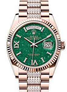 Rolex Day-Date 36 President Rose Gold Green Aventurine Dial Fluted Bezel Diamond Bracelet 128235