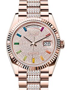 Rolex Day-Date 36 President Rose Gold Rainbow Colored Sapphires Dial Fluted Bezel Diamond Bracelet 128235