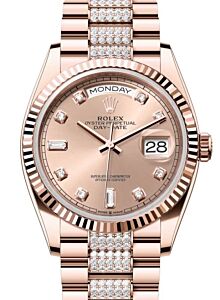 Rolex Day-Date 36 President Rose Gold Rose Dial Fluted Bezel Diamond Bracelet 128235