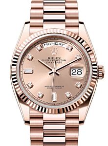 Rolex Day-Date 36 President Rose Gold Rose Diamond Dial Fluted Bezel 128235