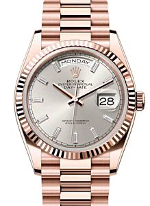 Rolex Day-Date 36 President Rose Gold Silver Baguette Diamond Dial Fluted Bezel 128235