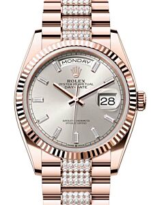 Rolex Day-Date 36 President Rose Gold Silver Dial Fluted Bezel Diamond Set Bracelet 128235