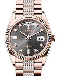 Rolex Day-Date 36 President Rose Gold Slate Dial Fluted Bezel Diamond Bracelet 128235