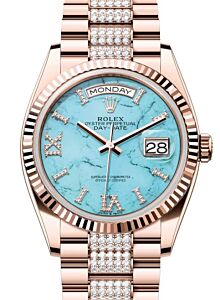 Rolex Day-Date 36 President Rose Gold Turquoise "Tiffany" Dial Fluted Bezel Diamond Bracelet 128235