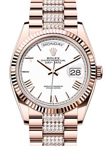 Rolex Day-Date 36 President Rose Gold White Roman Dial Fluted Bezel Diamond Set Bracelet 128235