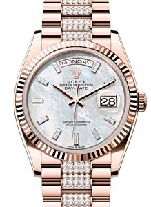 Rolex Day-Date 36 President Rose Gold White Mother of Pearl Baguette Dial Fluted Bezel Diamond Set Bracelet 128235
