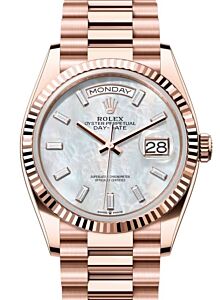 Rolex Day-Date 36 President Rose Gold White Mother of Pearl Baguette Diamond Dial Fluted Bezel 128235
