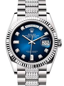 Rolex Day-Date 36 President White Gold Blue Ombre Dial Fluted Bezel Diamond Set Bracelet 128239