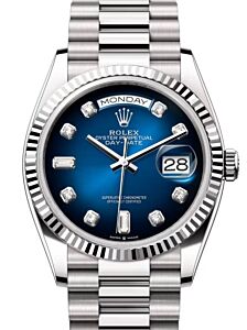 Rolex Day-Date 36 President White Gold Blue Ombre Diamond Dial Fluted Bezel 128239
