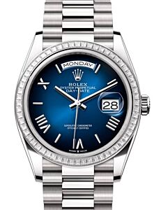 Rolex Day-Date 36 President White Gold Blue Ombre Roman Dial Diamond Bezel 128399TBR