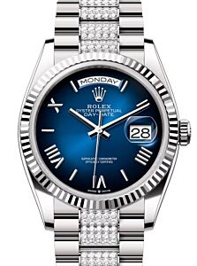 Rolex Day-Date 36 President White Gold Blue Ombre Roman Dial Diamond Bracelet 128239