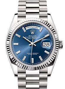 Rolex Day-Date 36 President White Gold Bright Blue Baguette Diamond Dial 128239